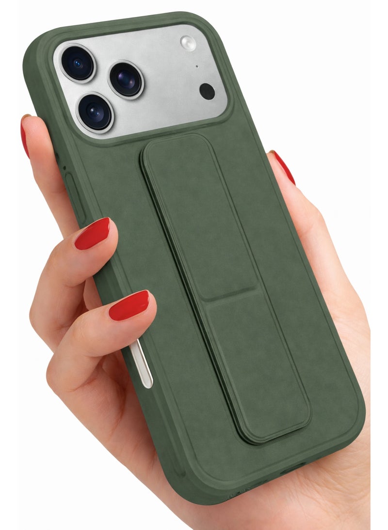 COVERSCART Apple iPhone 17 Pro Max Premium Silicon Case with Magnetic Stand & Finger Grip, Car Mount Compatible Kickstand Cover – Green - Image 3